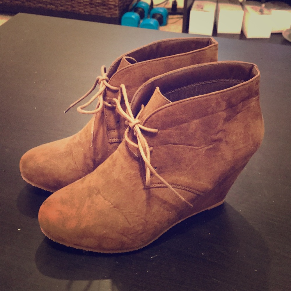 Brown wedge booties
